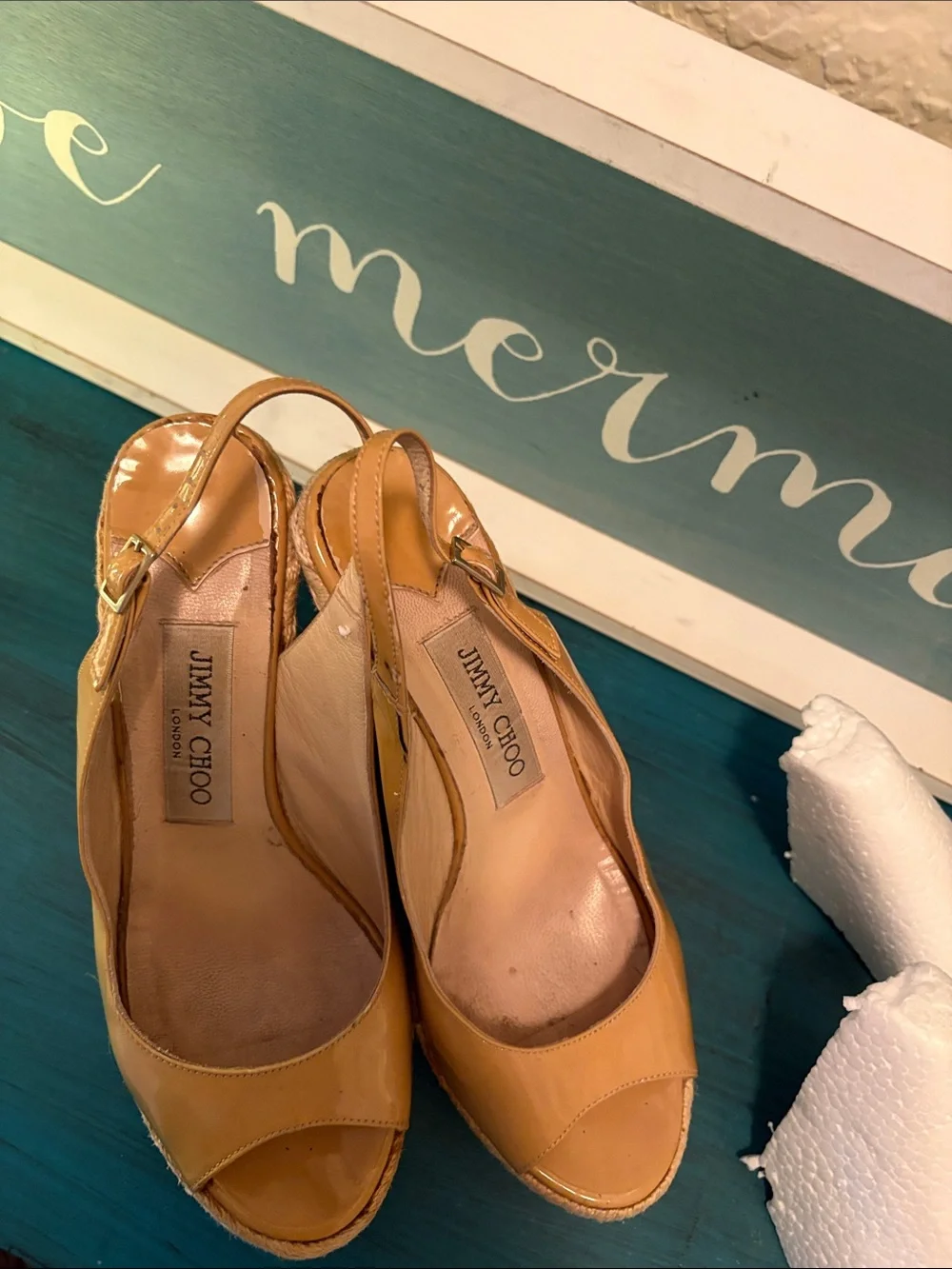 Jimmy Choo Tan Espadrille Wedge Slingback Sandals